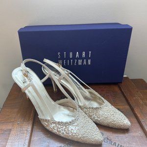 Stuart Weitzman Lady Gold Lace Evening Pumps, Size 8